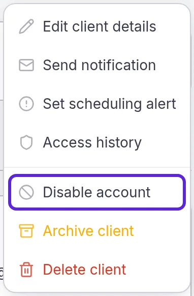 More actions menu on the patient's profile, with Disable account outlined above Archive client and Delete client