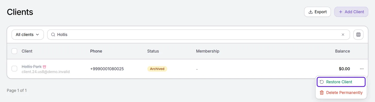 Clients list with an archived patient struck through and marked Archived, and the row menu open on Restore Client